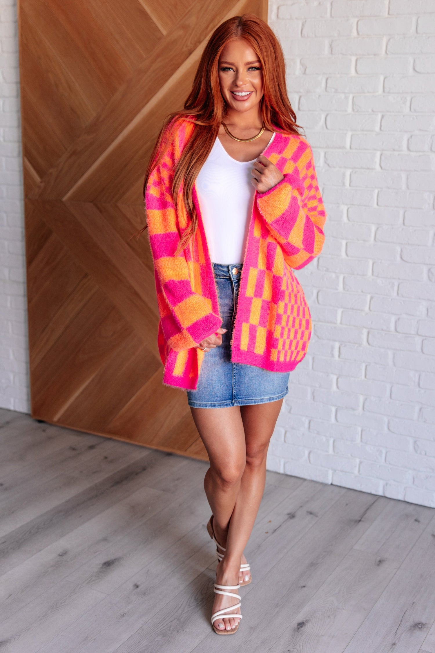 Noticed in Neon Checkered Cardigan in Pink and Orange